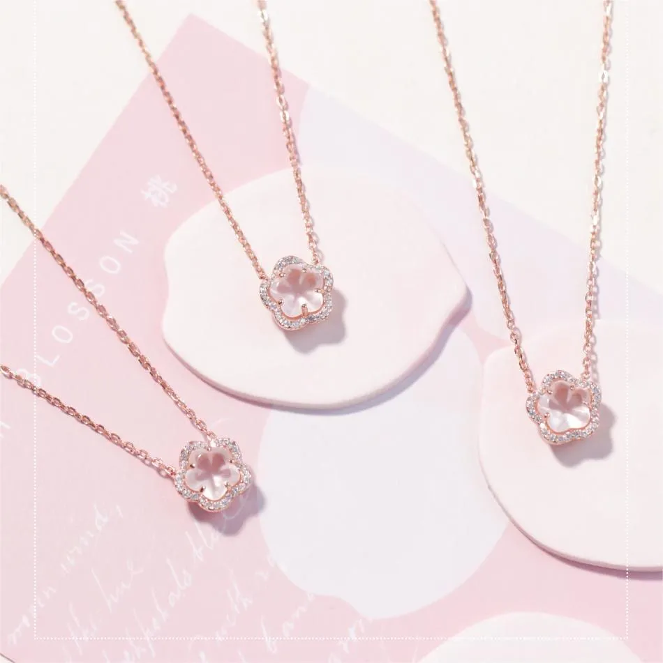 Dainty CZ Inlaid Pink Cherry Blossom Necklace