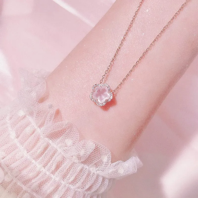 Dainty CZ Inlaid Pink Cherry Blossom Necklace