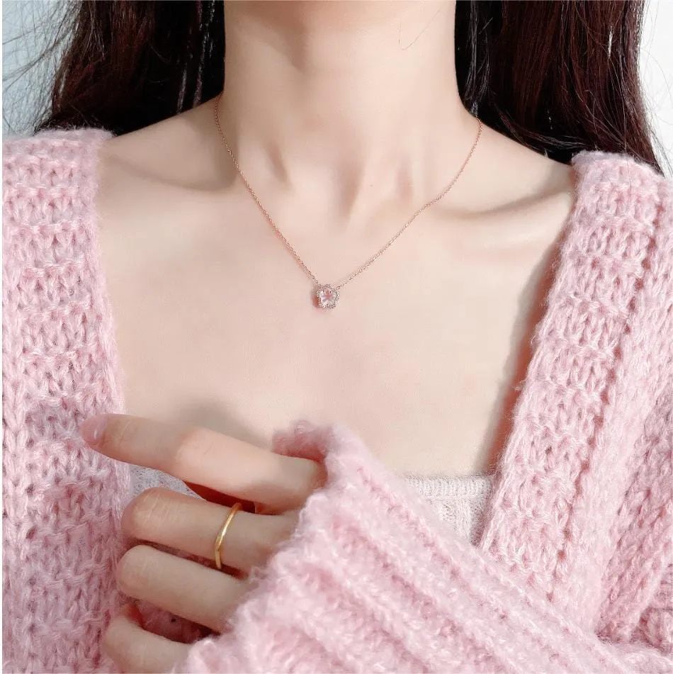 Dainty CZ Inlaid Pink Cherry Blossom Necklace