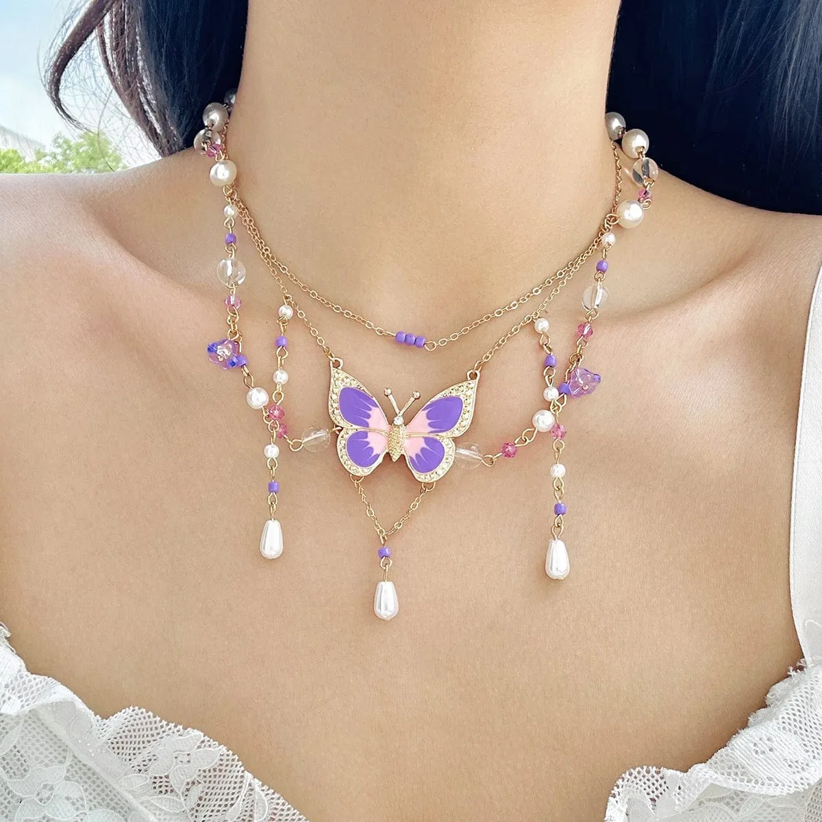 Dainty Layered Enamel Butterfly Crystal Charm Pearl Tassel Necklace
