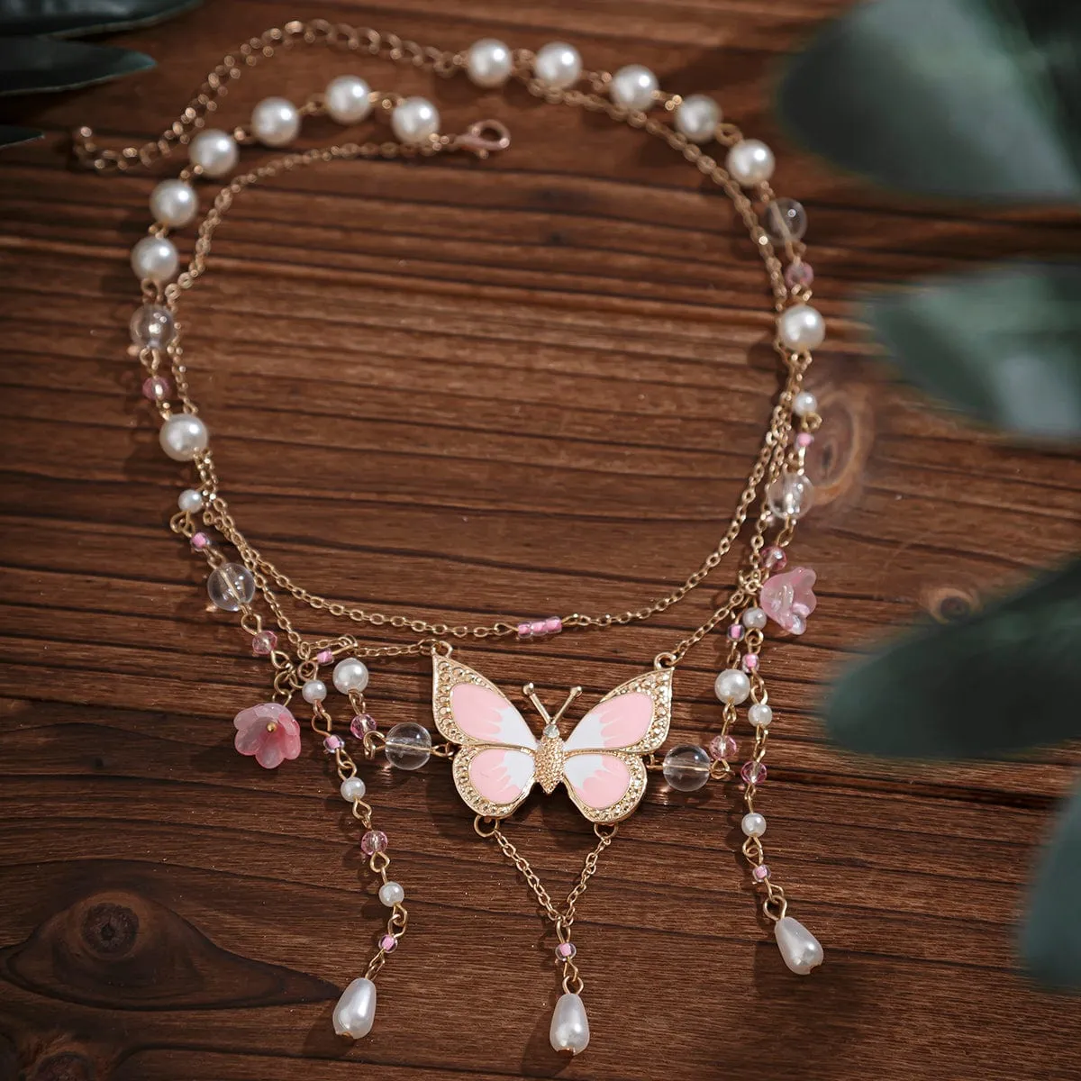 Dainty Layered Enamel Butterfly Crystal Charm Pearl Tassel Necklace