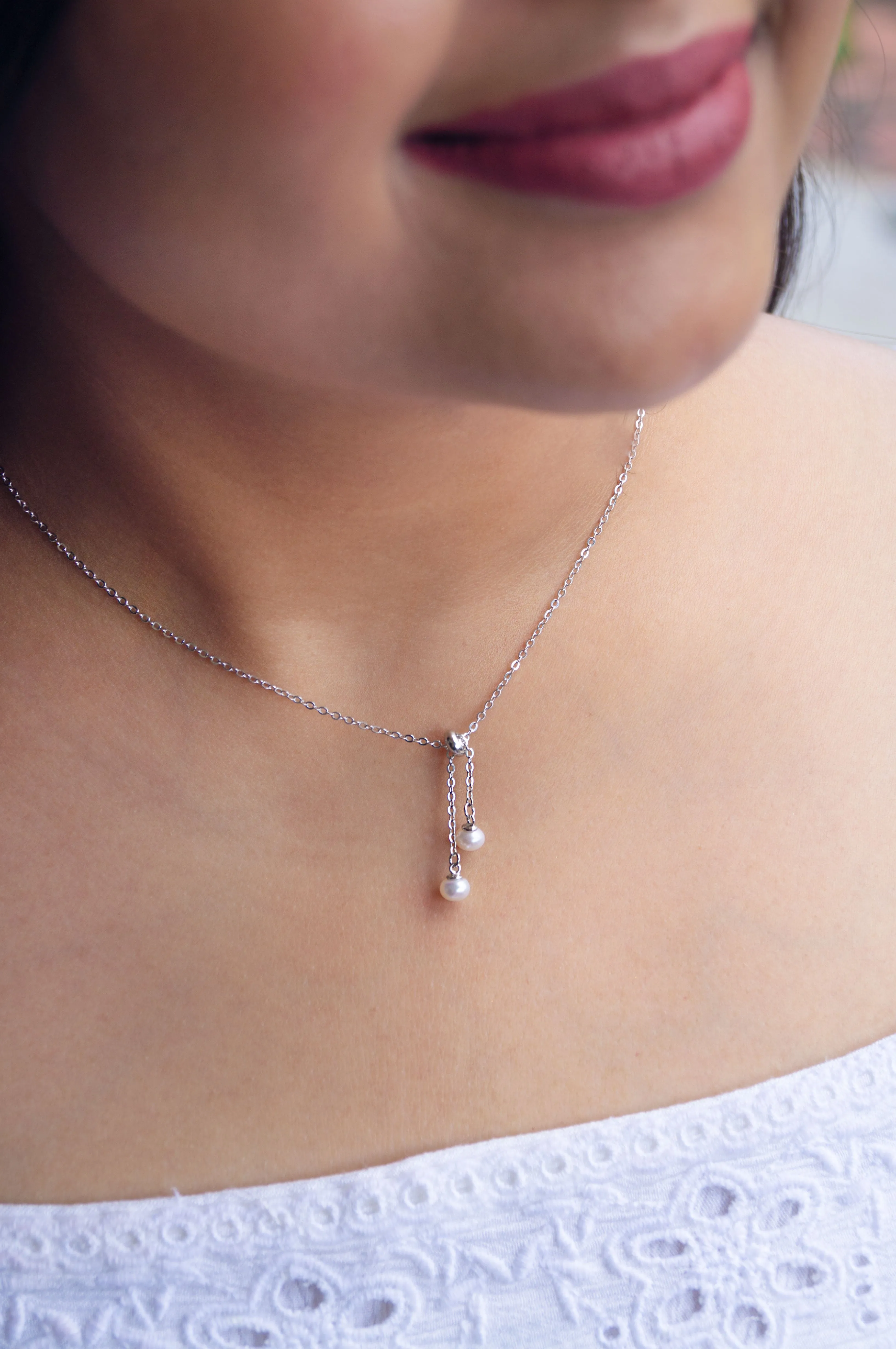 Dainty Pearl Drawstring Sterling Silver Chain Necklace 
