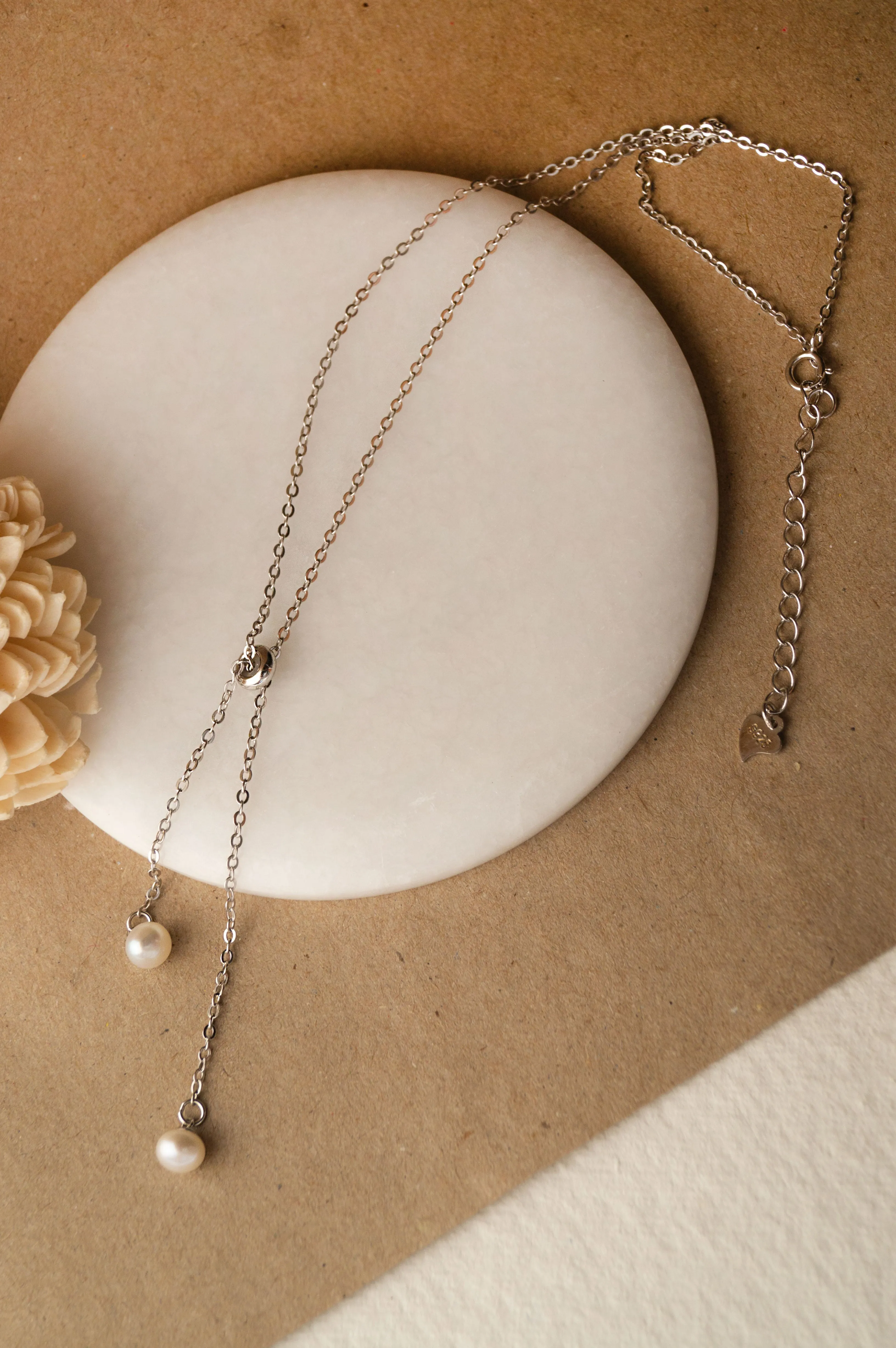 Dainty Pearl Drawstring Sterling Silver Chain Necklace 