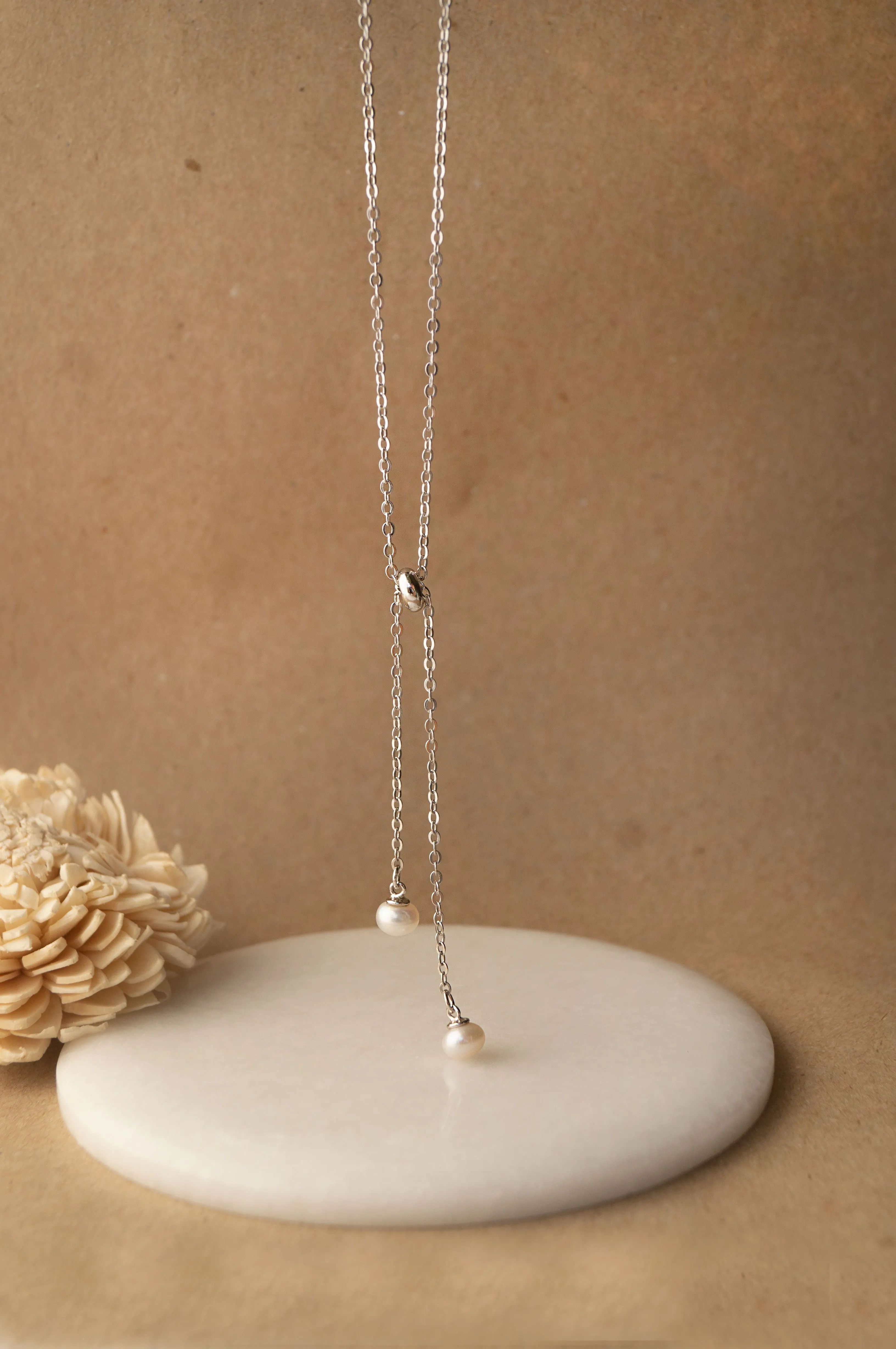 Dainty Pearl Drawstring Sterling Silver Chain Necklace 
