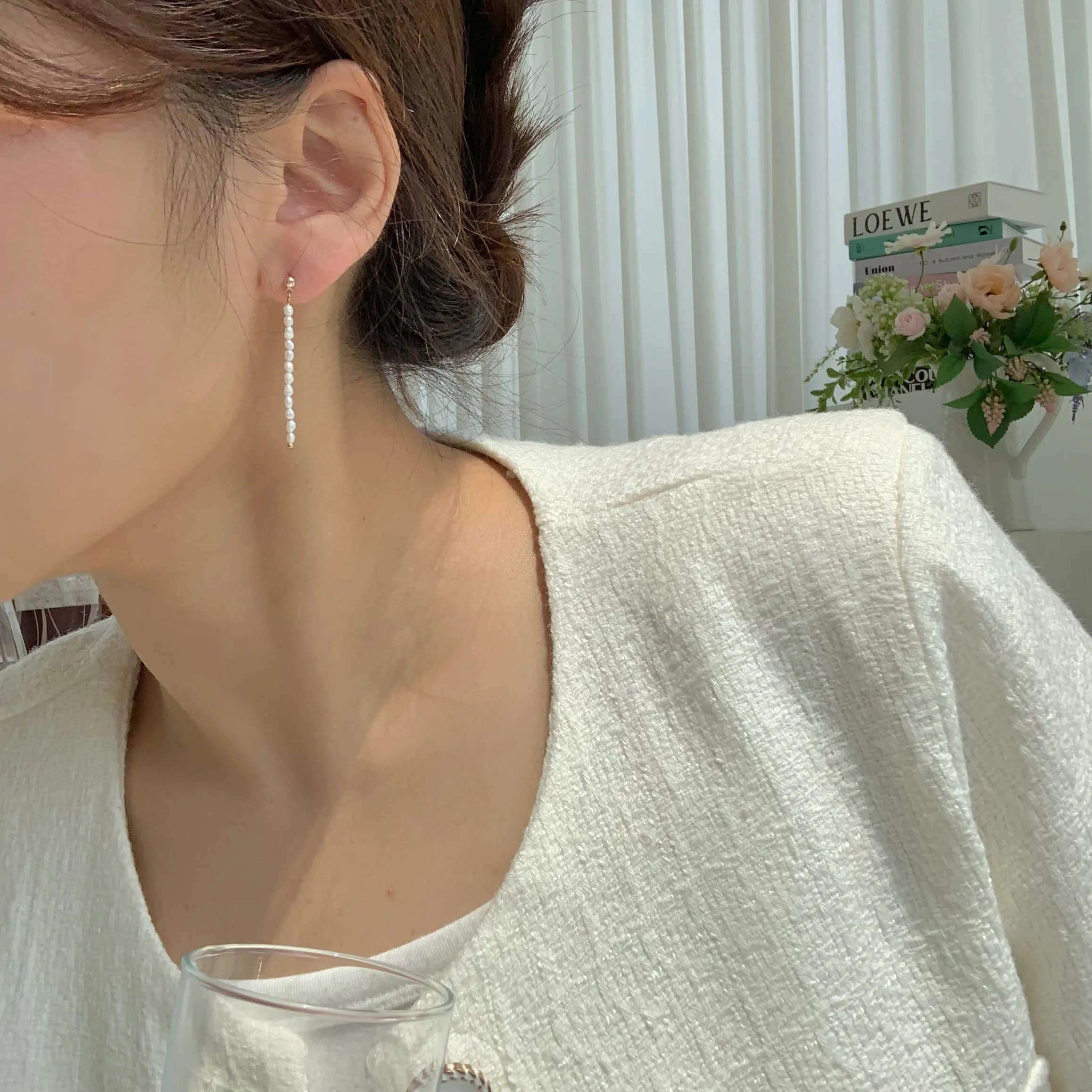Dainty Simple Tiny Freshwater Cultured Pearl Linear Drop Earrings