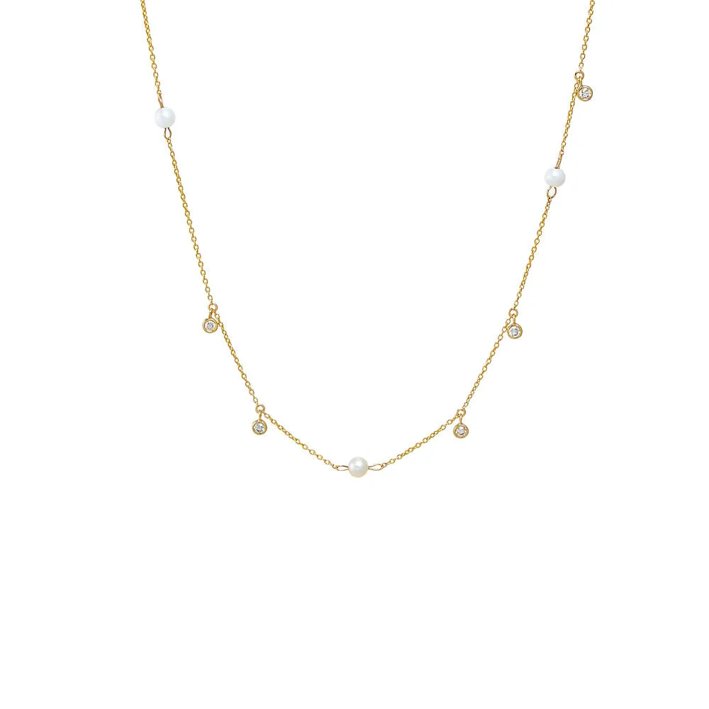 Diamond Dainty X Pearl Dangling Necklace 14K