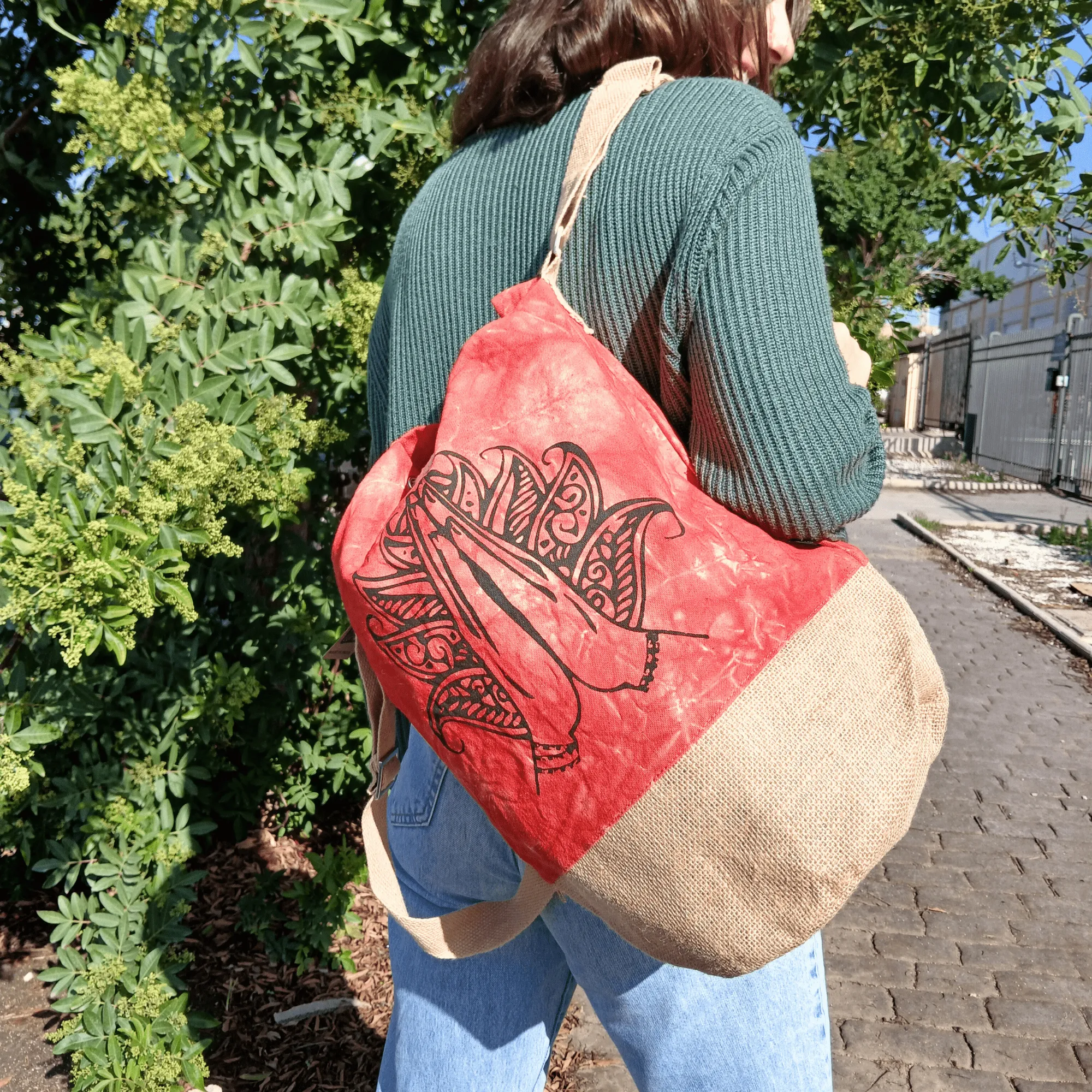 Eco-Friendly Orange Stonewash Sling Bag with Namaste Hand Design and Adjustable Strap