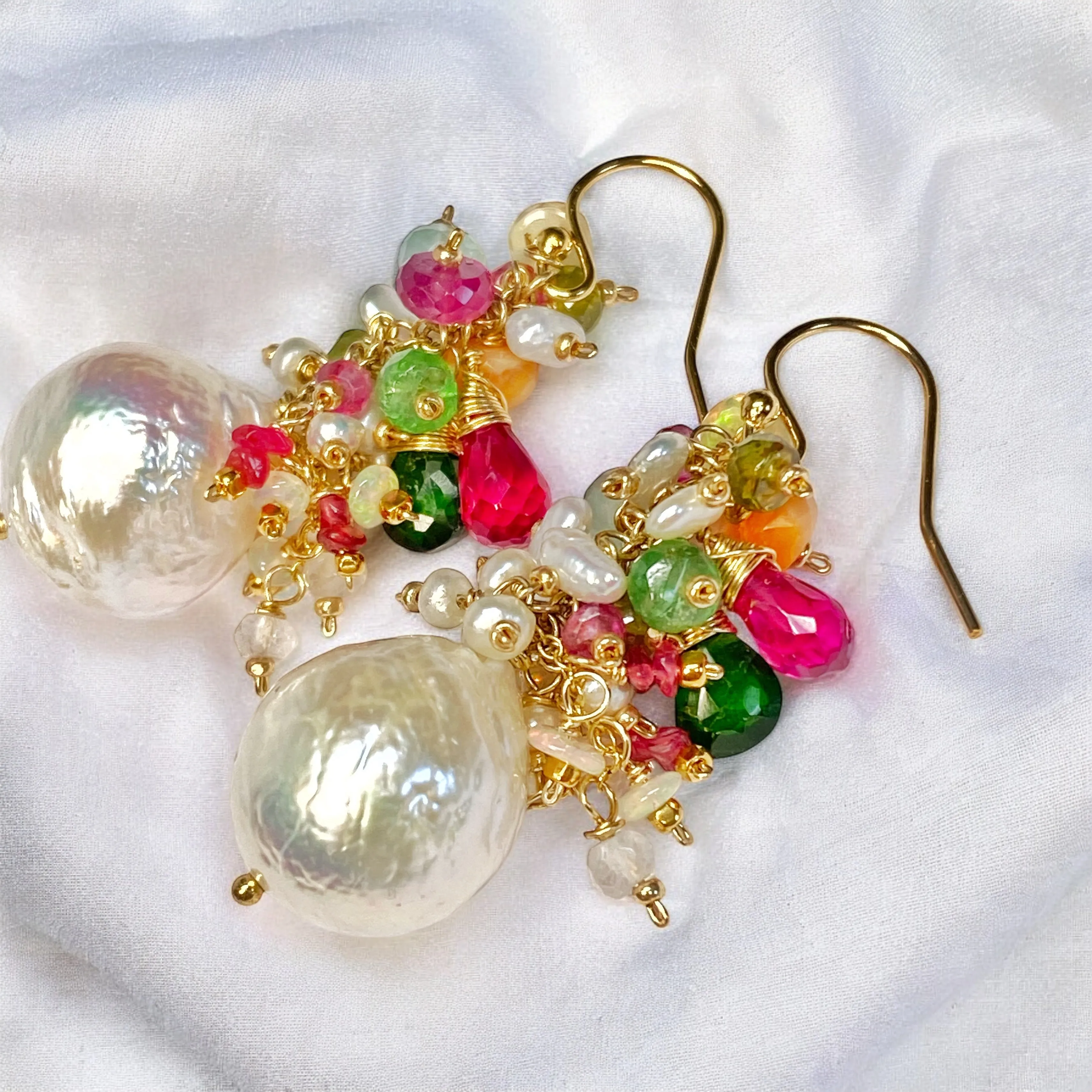 Edison Pearl Colorful Gemstone Cluster Earrings Gold Fill