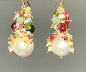 Edison Pearl Colorful Gemstone Cluster Earrings Gold Fill