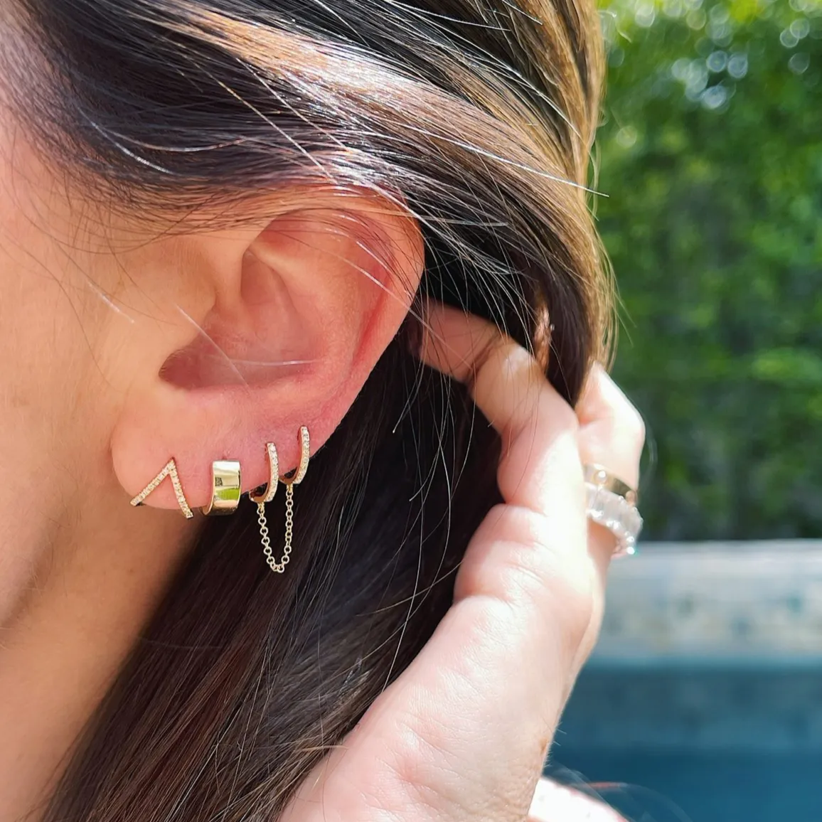 EF Collection Diamond Double Huggie Chain Earring