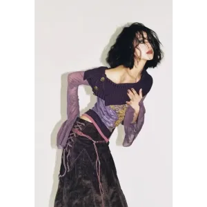 Fairy Grunge Mesh Top with Flower Print Details and Flare Cuffs