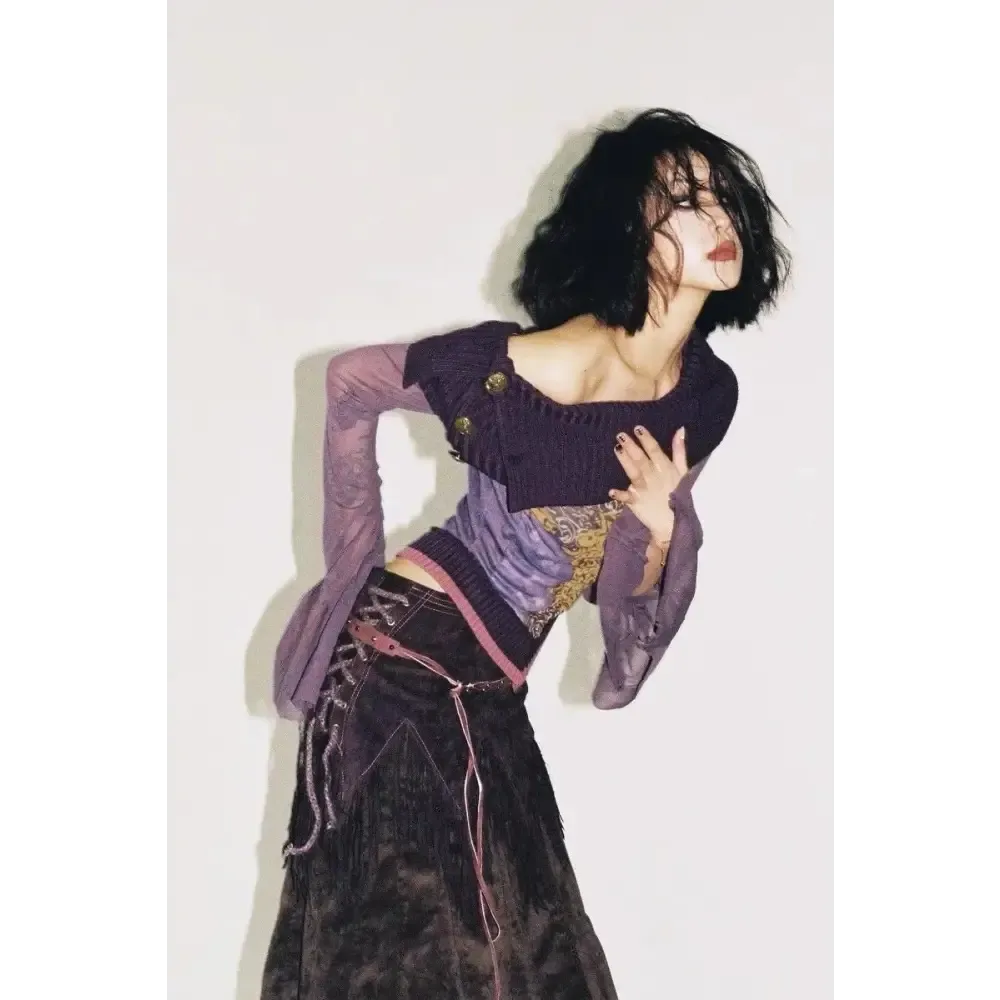 Fairy Grunge Mesh Top with Flower Print Details and Flare Cuffs