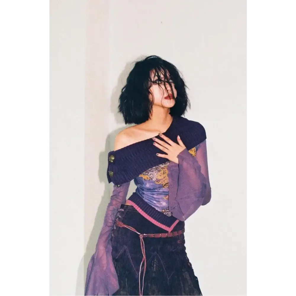 Fairy Grunge Mesh Top with Flower Print Details and Flare Cuffs