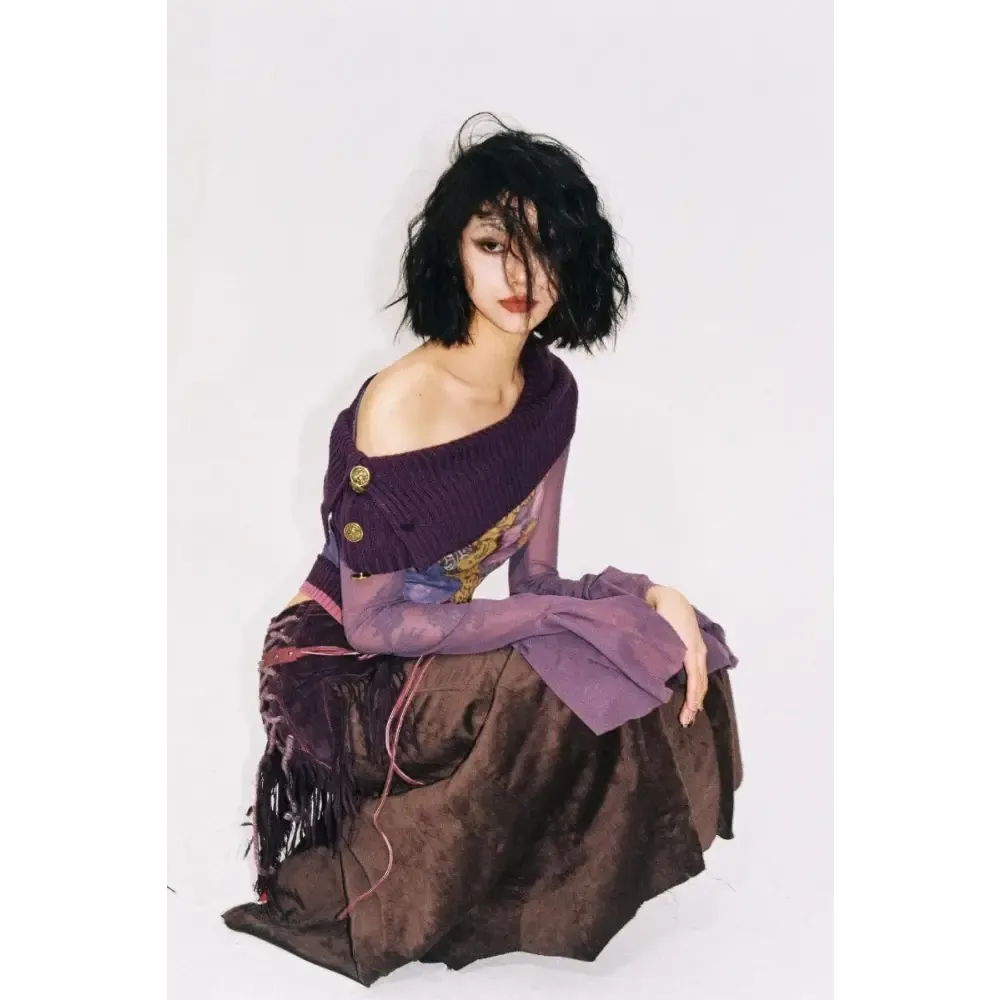 Fairy Grunge Mesh Top with Flower Print Details and Flare Cuffs