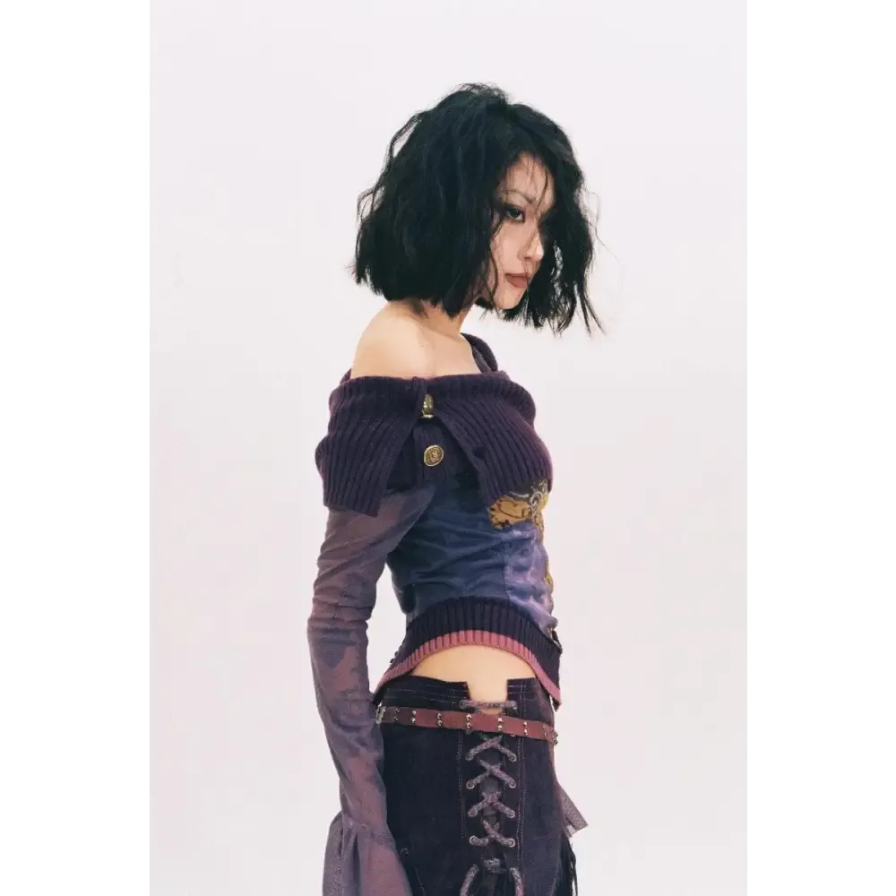 Fairy Grunge Mesh Top with Flower Print Details and Flare Cuffs