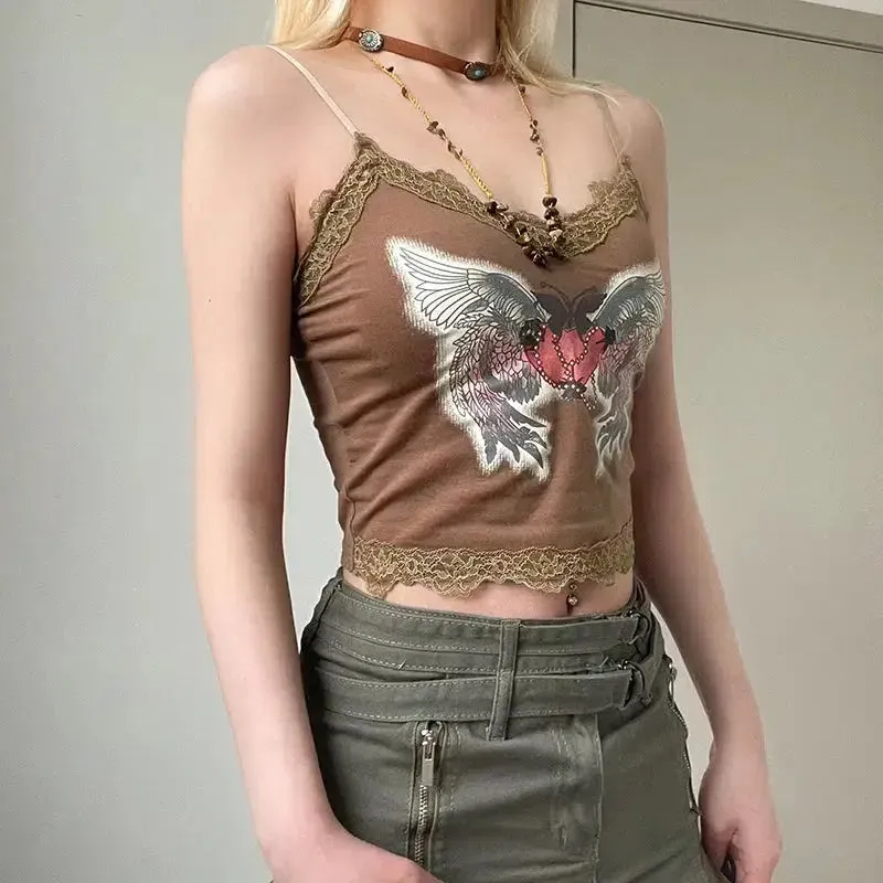 Fairy Grunge Top with Lace Details and Angel Wings Print