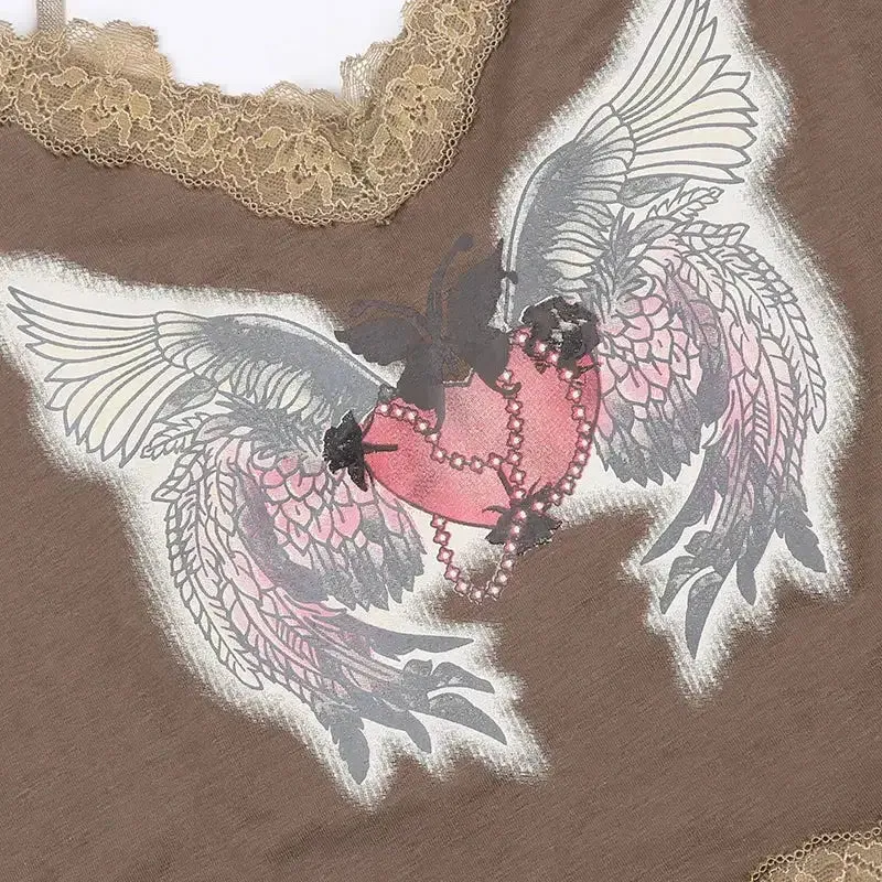 Fairy Grunge Top with Lace Details and Angel Wings Print