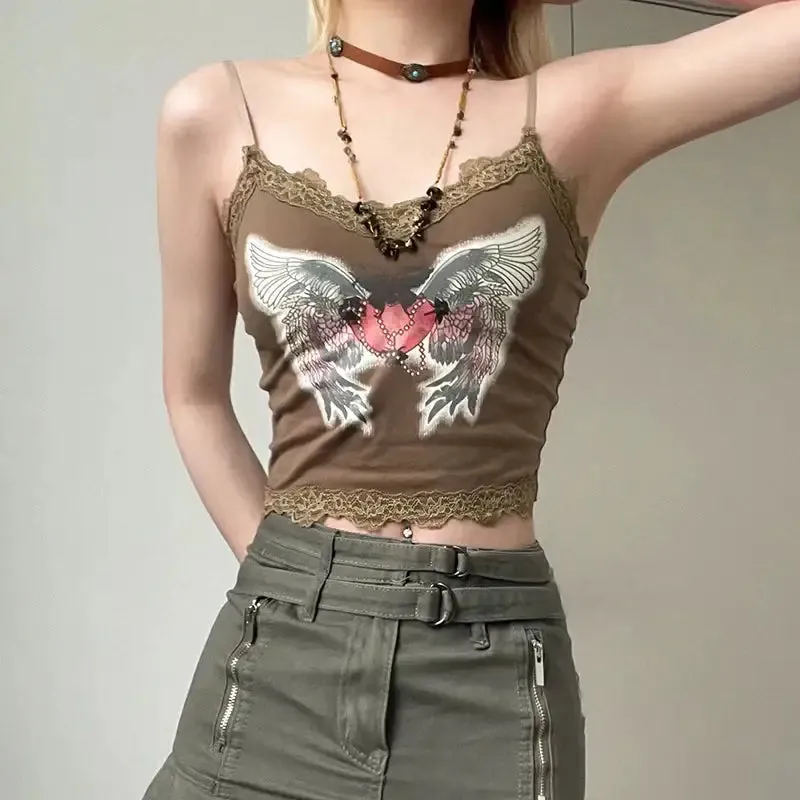 Fairy Grunge Top with Lace Details and Angel Wings Print
