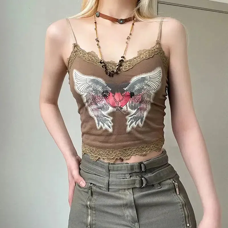 Fairy Grunge Top with Lace Details and Angel Wings Print
