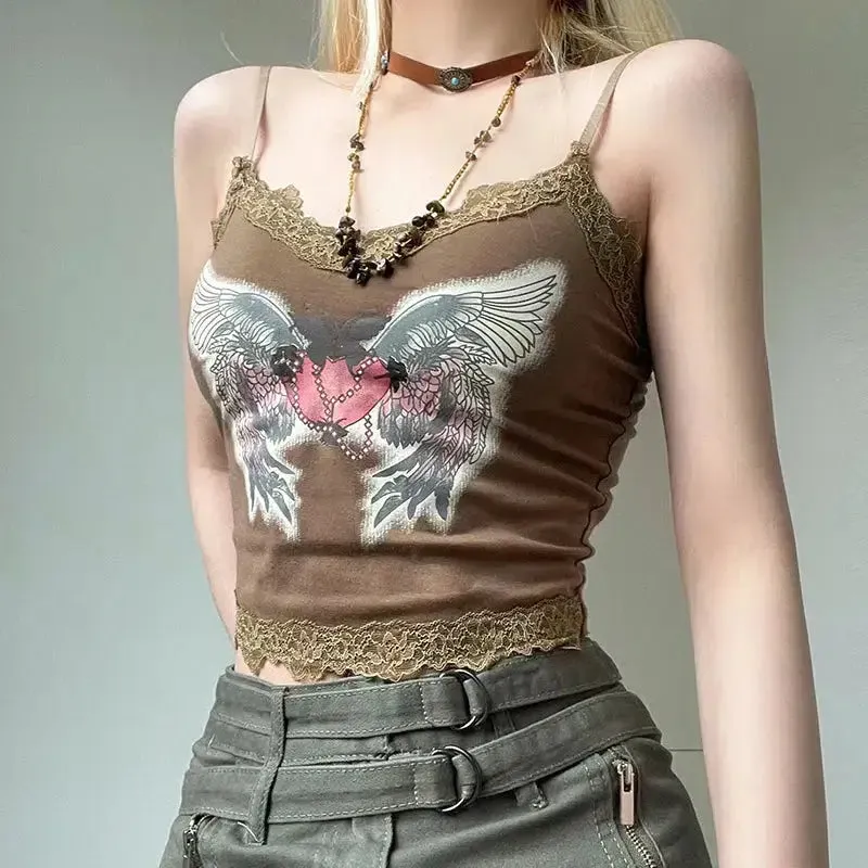 Fairy Grunge Top with Lace Details and Angel Wings Print