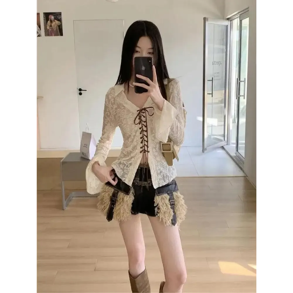 Fairy Grunge Transparent Lace Top with Flare Cuffs and V-Neck