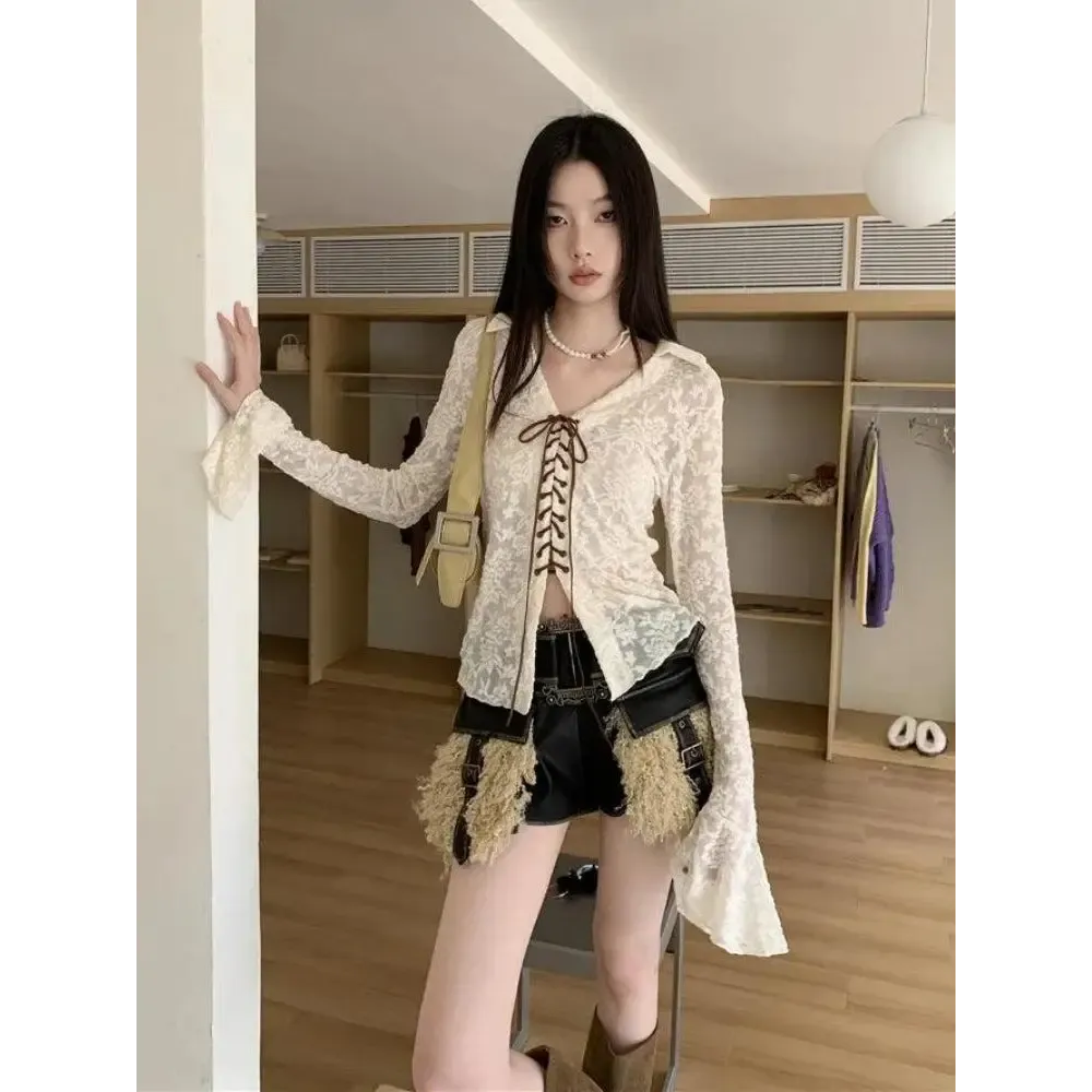 Fairy Grunge Transparent Lace Top with Flare Cuffs and V-Neck