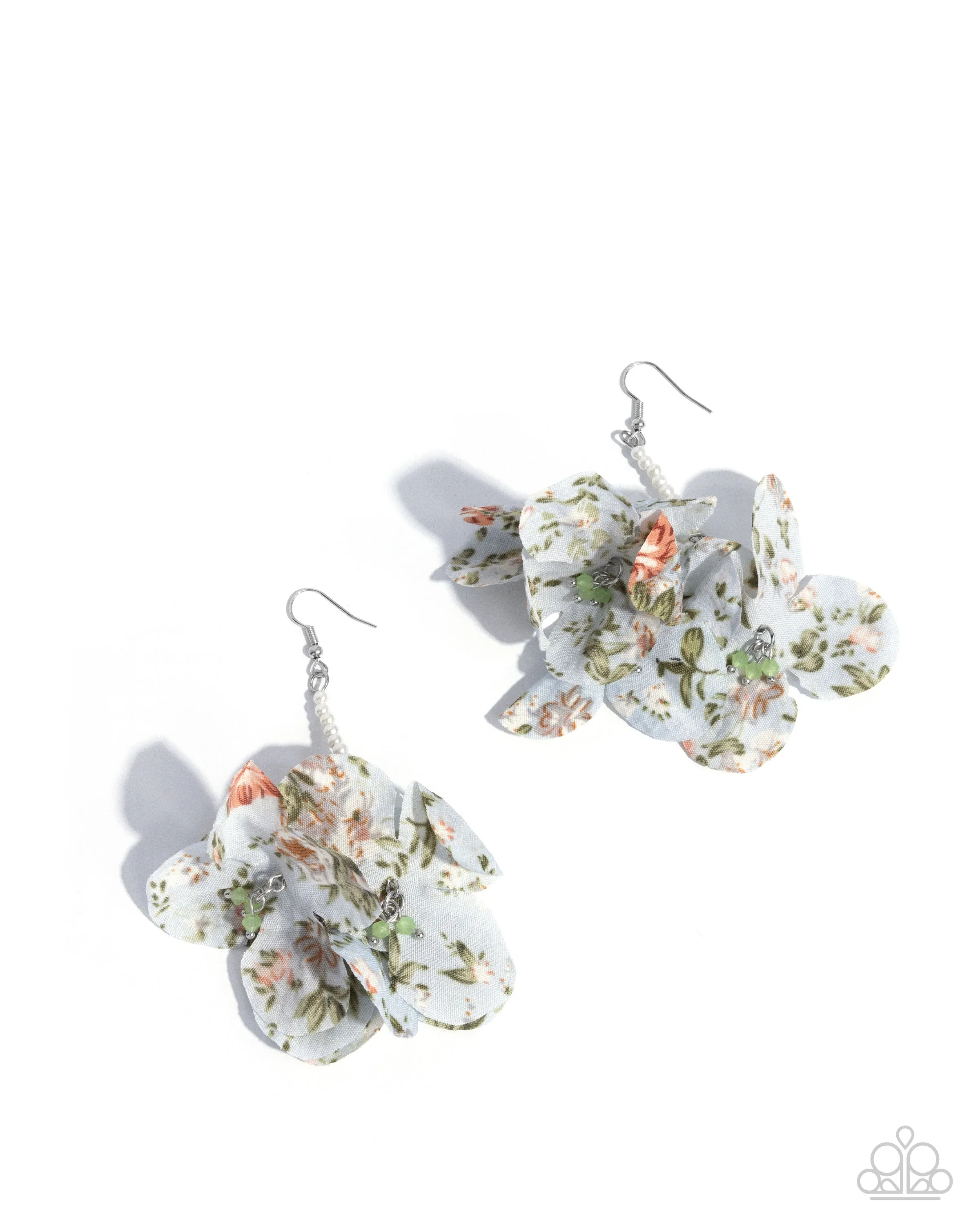 Flourishing Fantasia - Green - Fabric Flower Pearl Paparazzi Fishhook Earrings - 2025 Empower Me Pink Exclusive