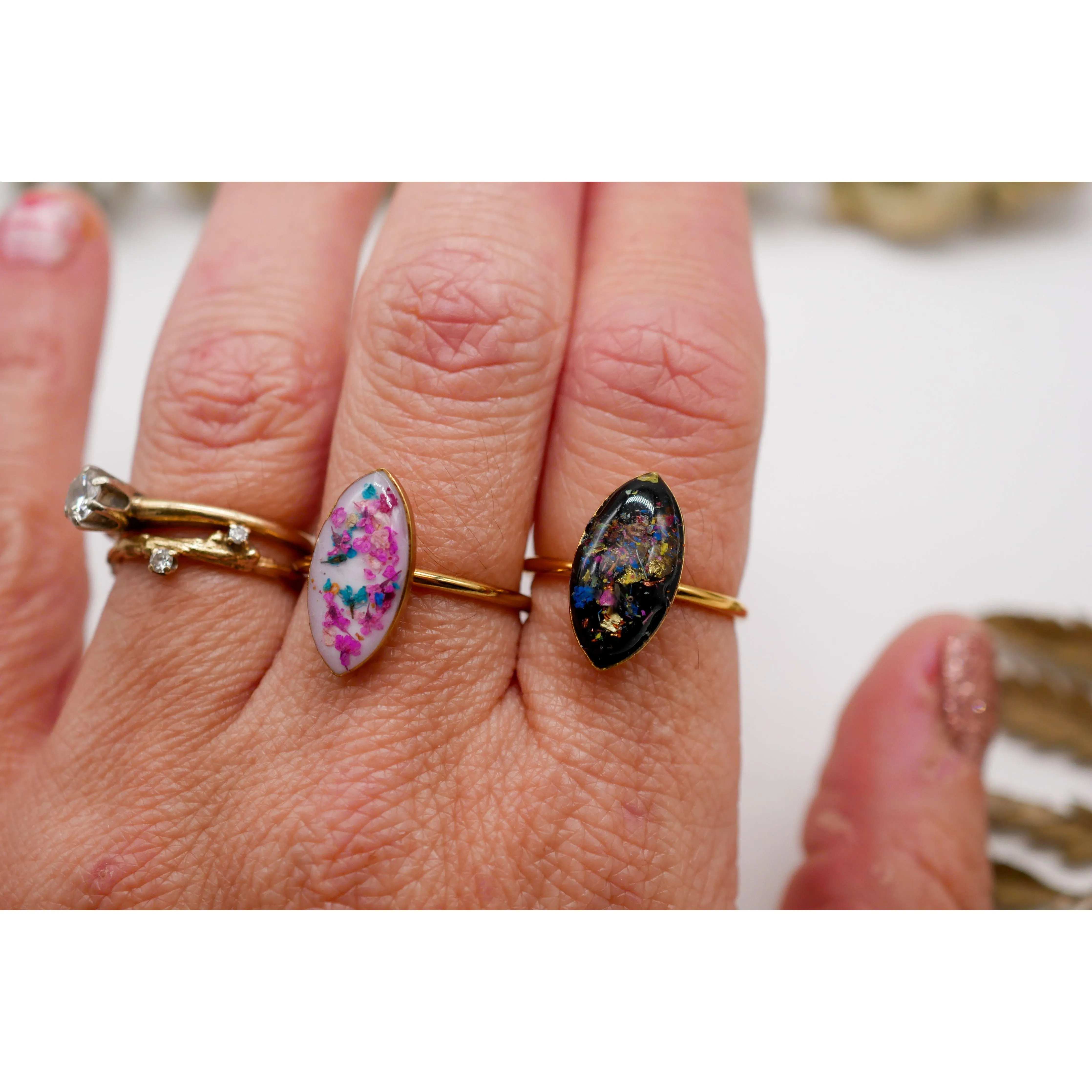 Flower confetti  marquise ring