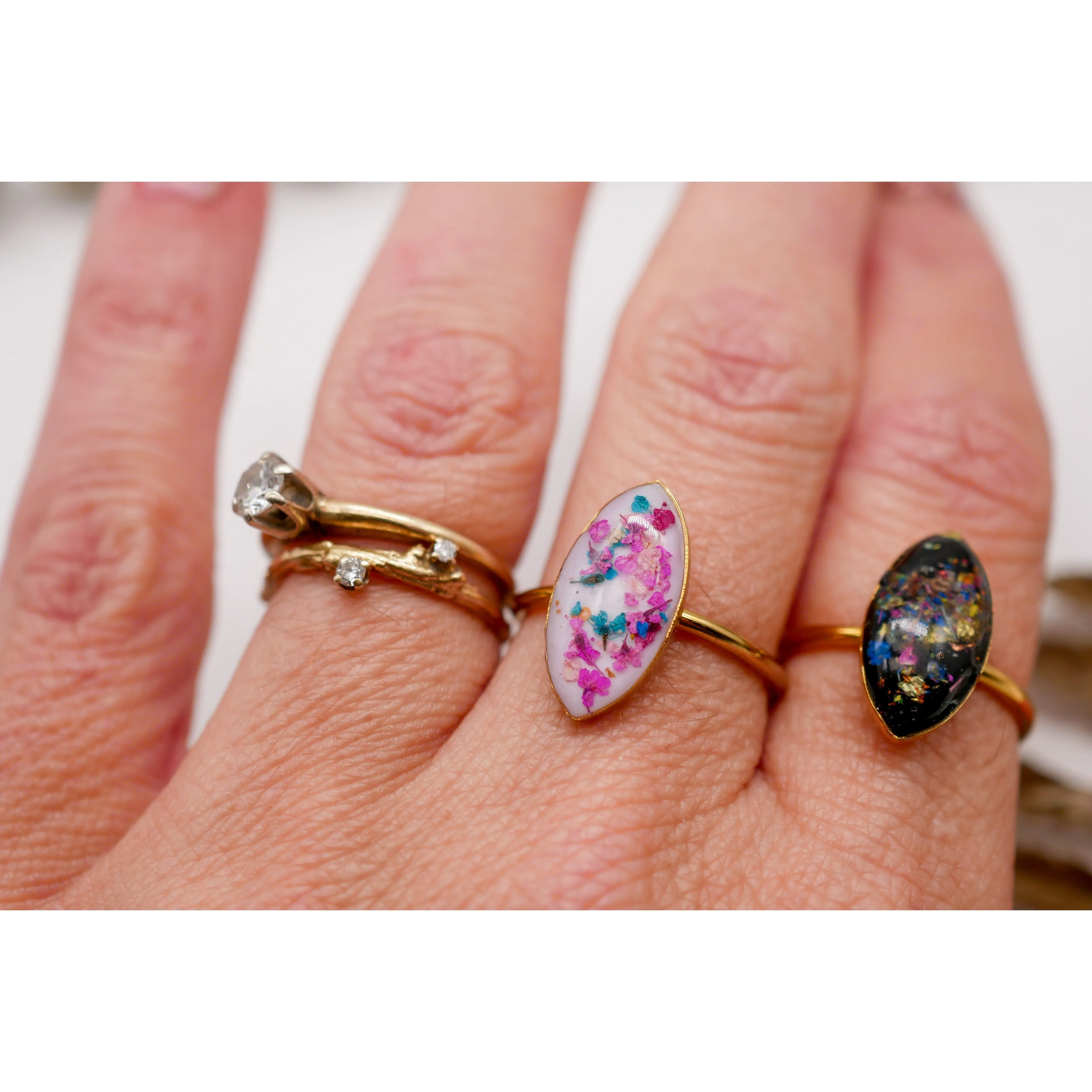 Flower confetti  marquise ring