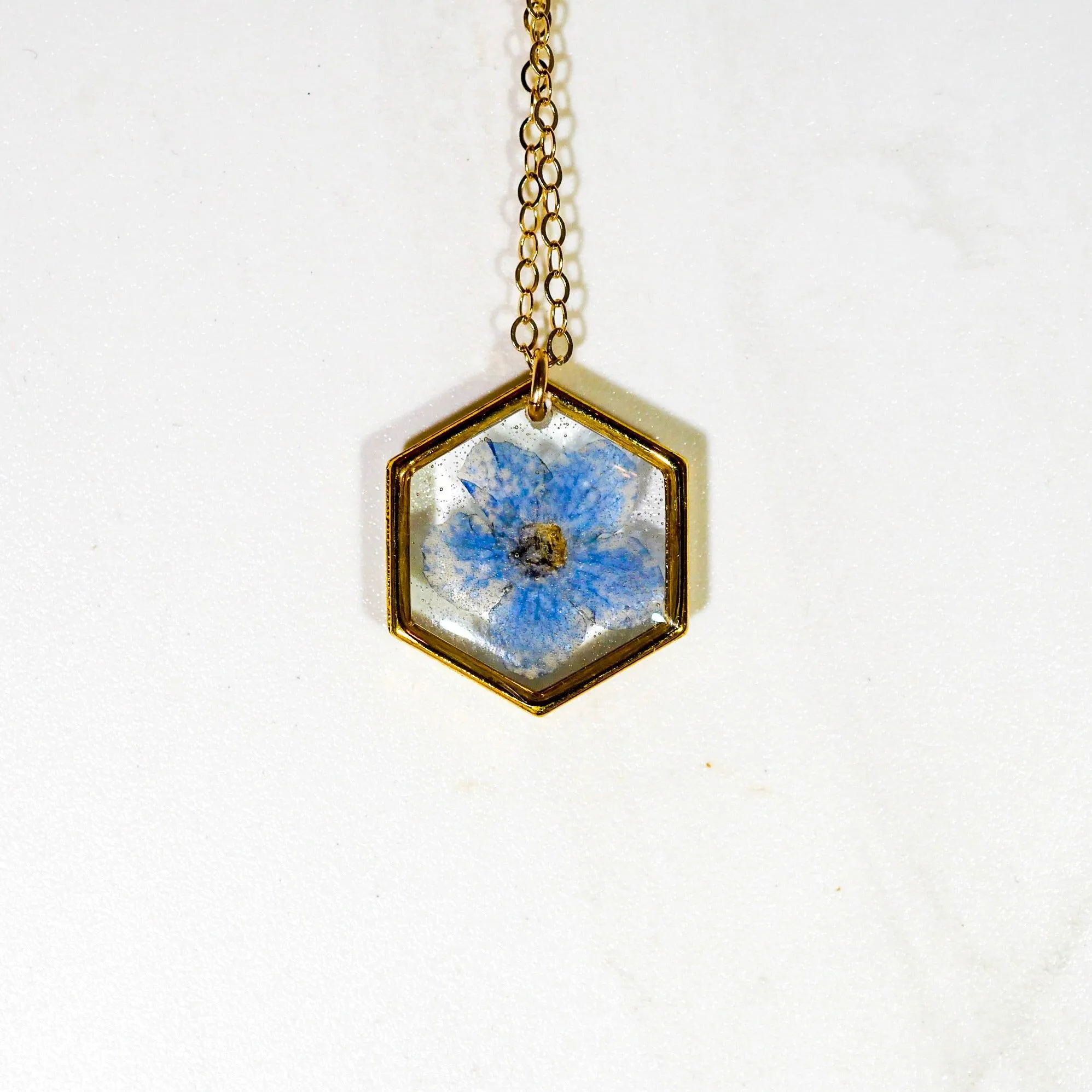 Forget me not tiny hexagon necklace