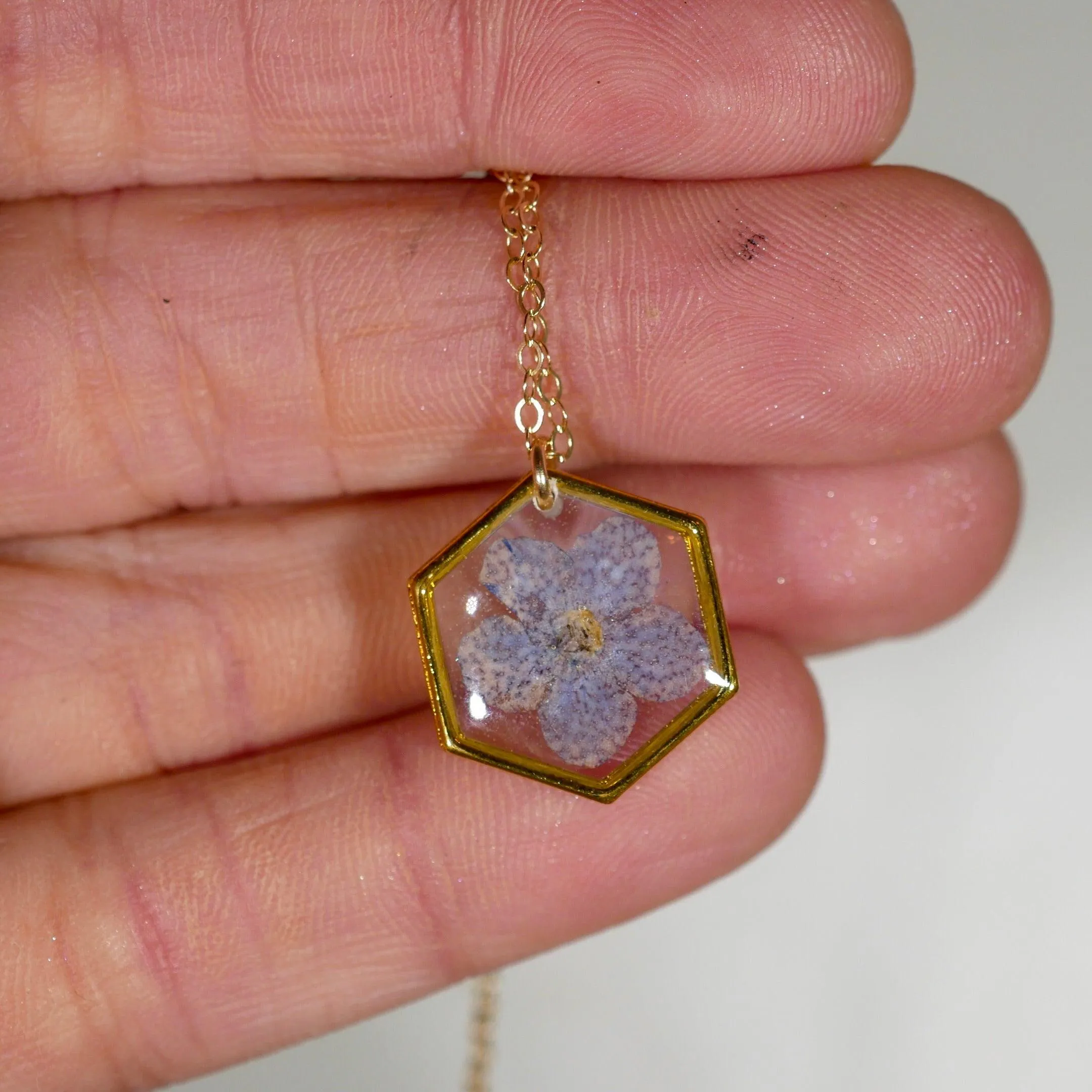 Forget me not tiny hexagon necklace