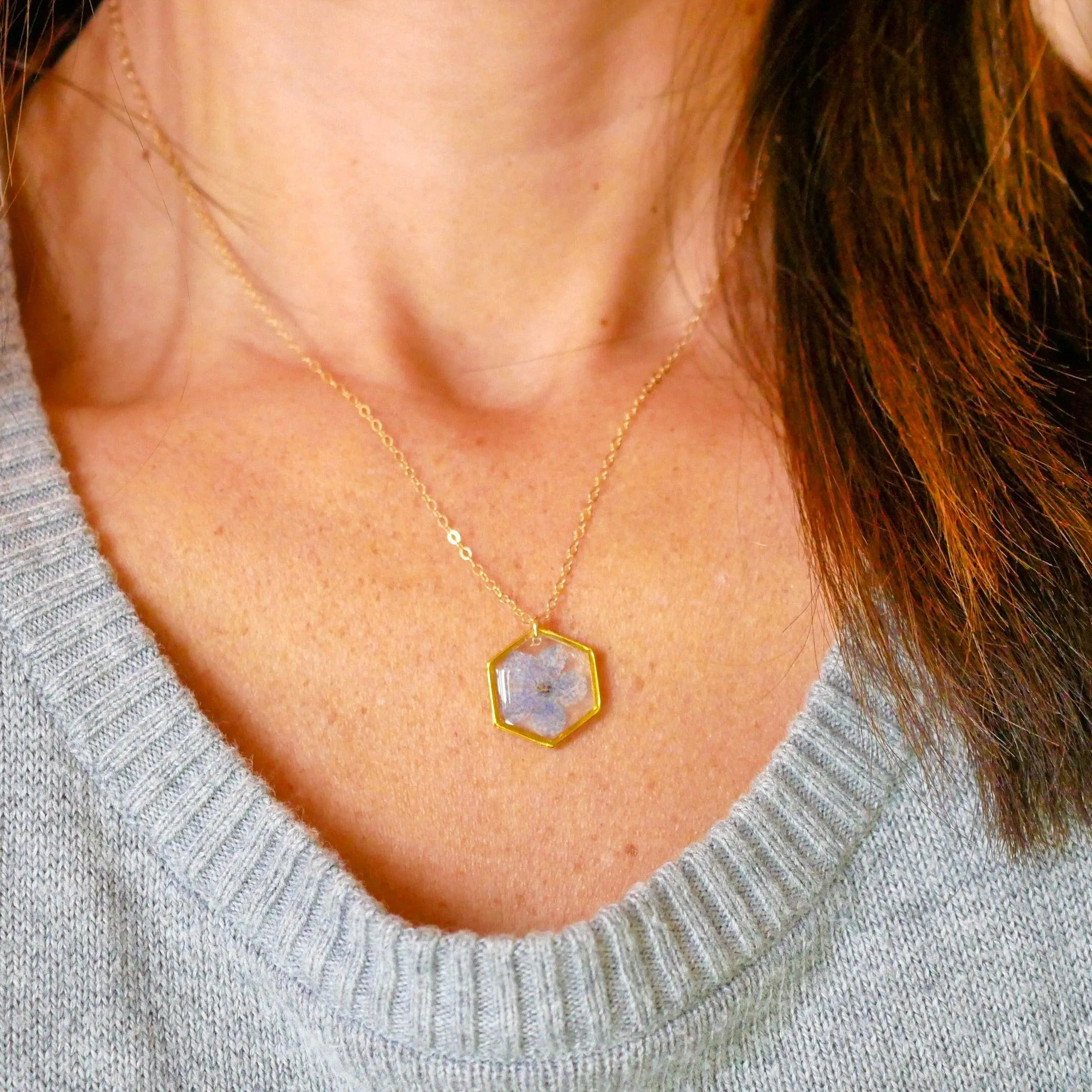 Forget me not tiny hexagon necklace