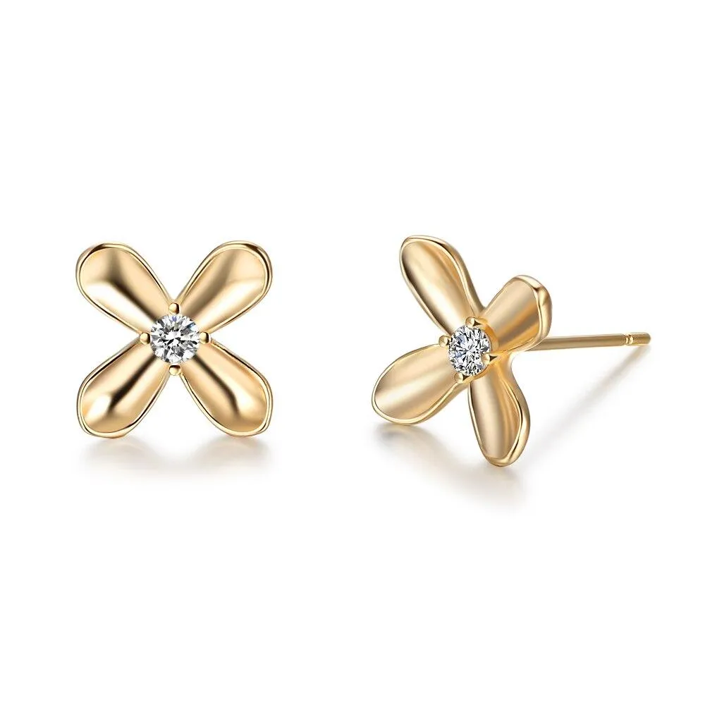 Gold Color Flower Design Stud Earrings Stainless Steel CZ Stone Shiny Earrings For Women Jewelry Gift for Her