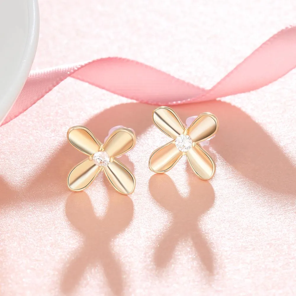 Gold Color Flower Design Stud Earrings Stainless Steel CZ Stone Shiny Earrings For Women Jewelry Gift for Her