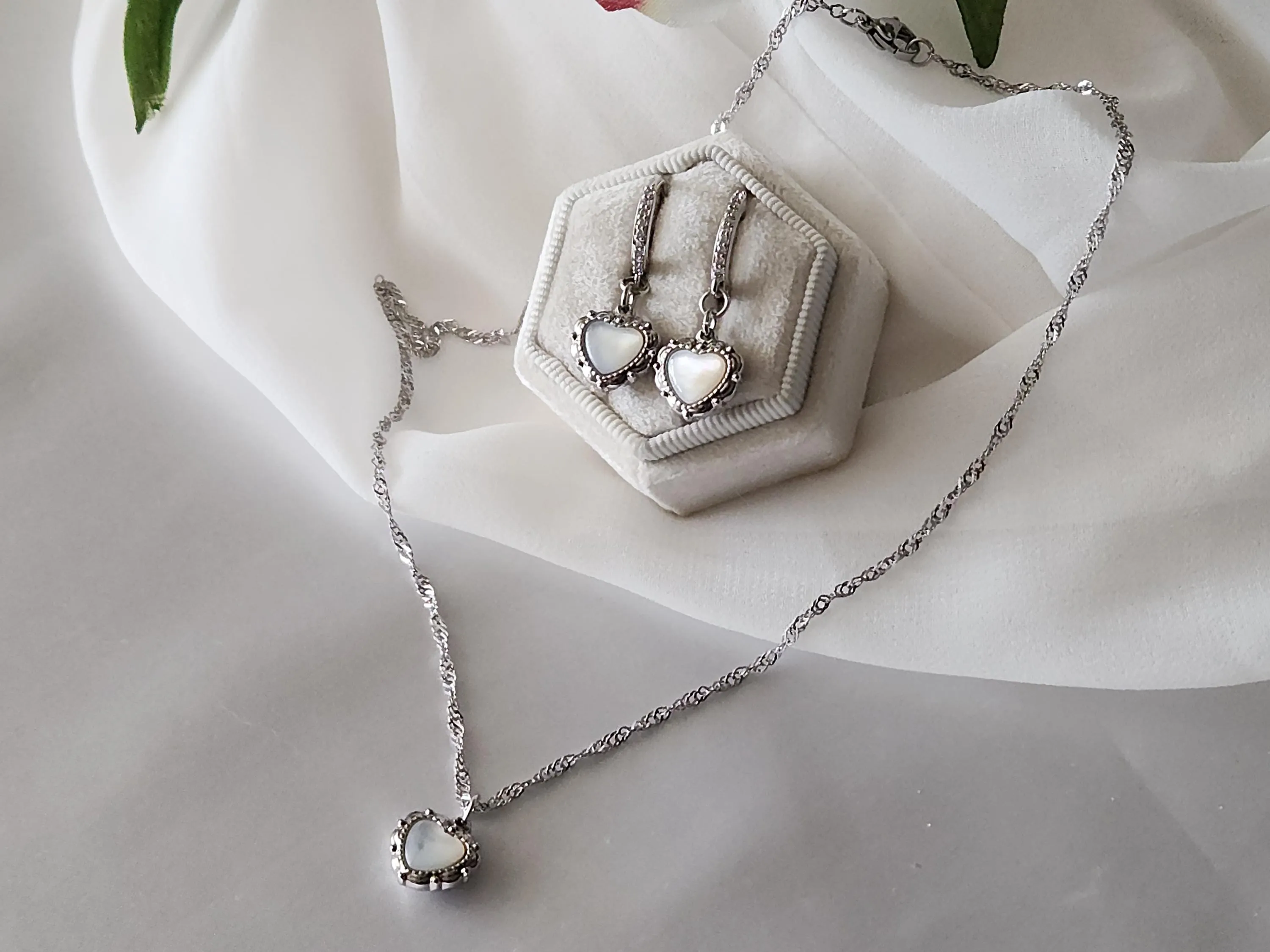 Gold Filled Mother of Pearl Heart Earrings , Love Necklace .