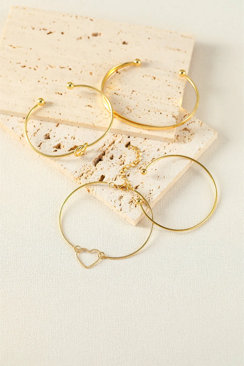 Gold Heart Geometric Knot Open Cuff Bracelet 4-piece Set