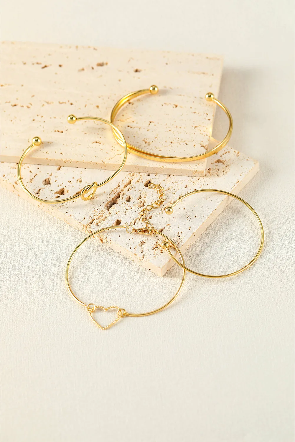 Gold Heart Geometric Knot Open Cuff Bracelet 4-piece Set