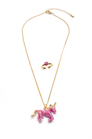 Great Pretenders - Glitter Pink Unicorn Necklace and Ring Set