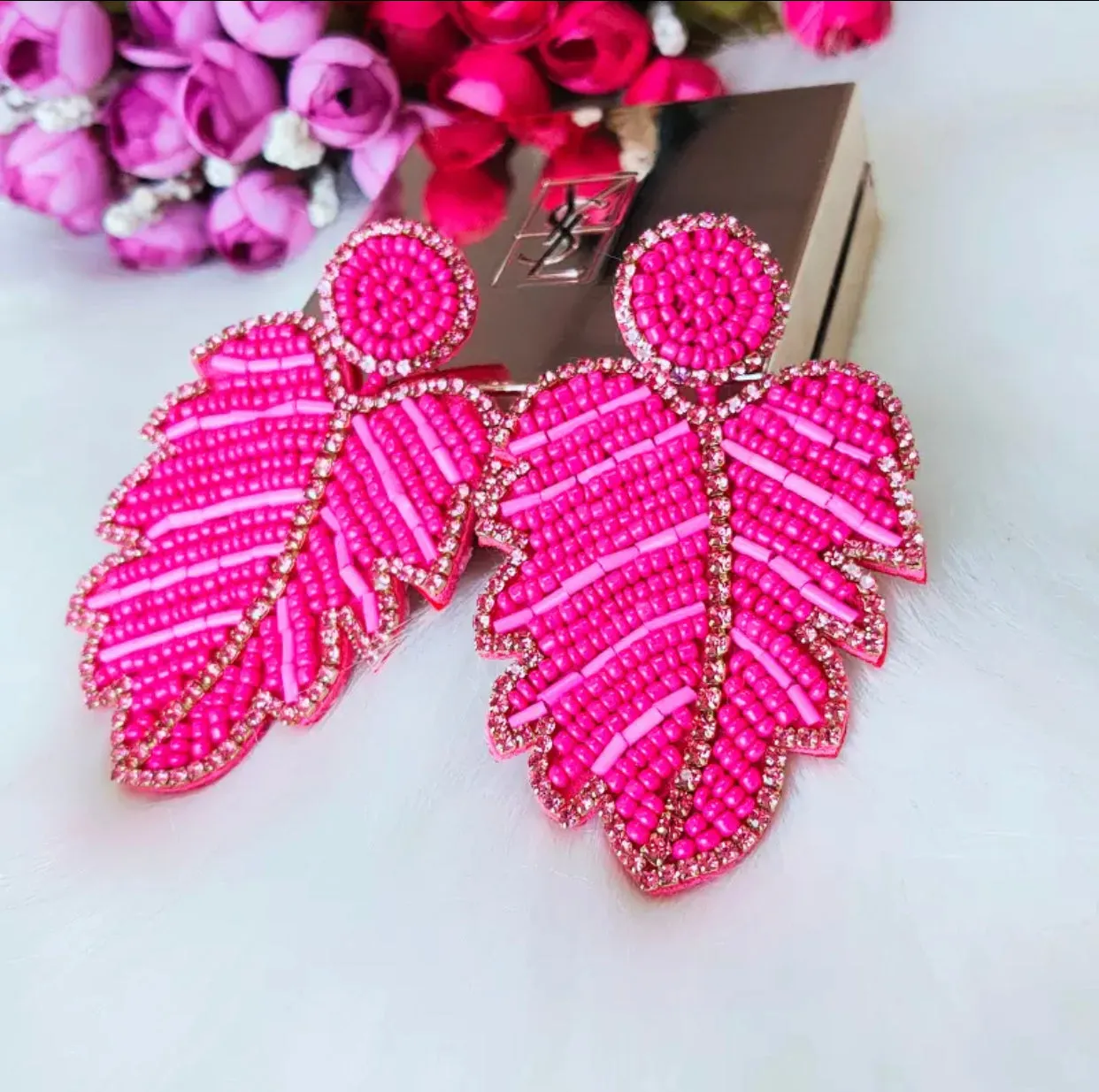 Hand Beaded Palm Leaf Earrings 230-17 | Erika Williner Designs