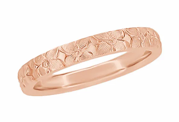 Hawaiian Hibiscus Flowers Engraved Wedding Band in 14 Karat Rose Gold