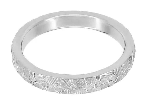 Hibiscus Flowers Engraved Wedding Ring in White Gold - 3mm Wide