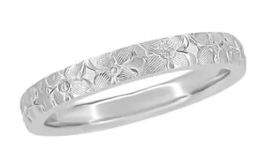Hibiscus Flowers Engraved Wedding Ring in White Gold - 3mm Wide
