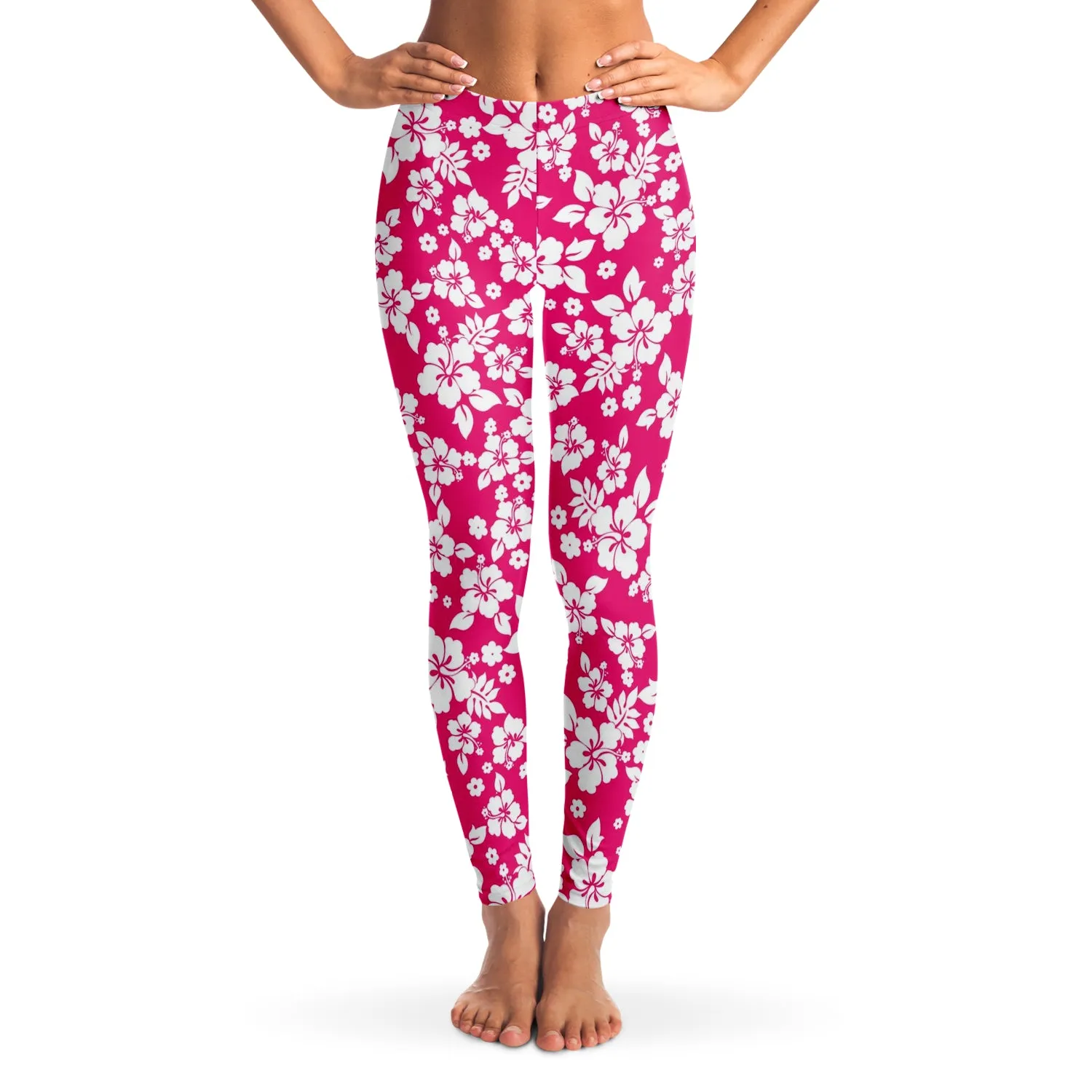 Hot Pink and White Hibiscus Hawaiian Flower Pattern Leggings XS - XL Squat Proof