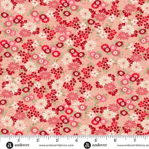 Kasumi Red Floating Flowers Metallic Fabric Yardage