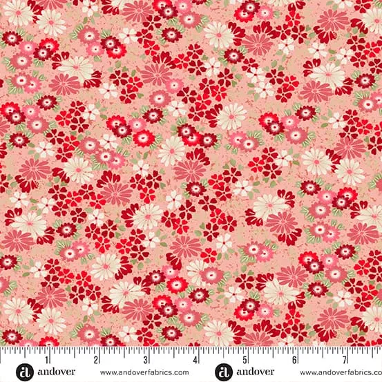 Kasumi Red Floating Flowers Metallic Fabric Yardage