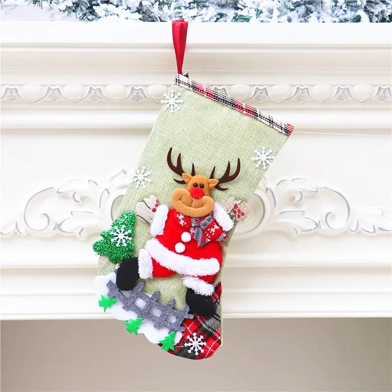 Large Burlap Christmas Stocking with Reindeer Design