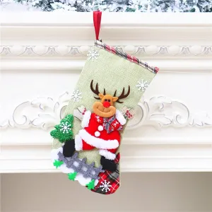 Large Burlap Christmas Stocking with Reindeer Design