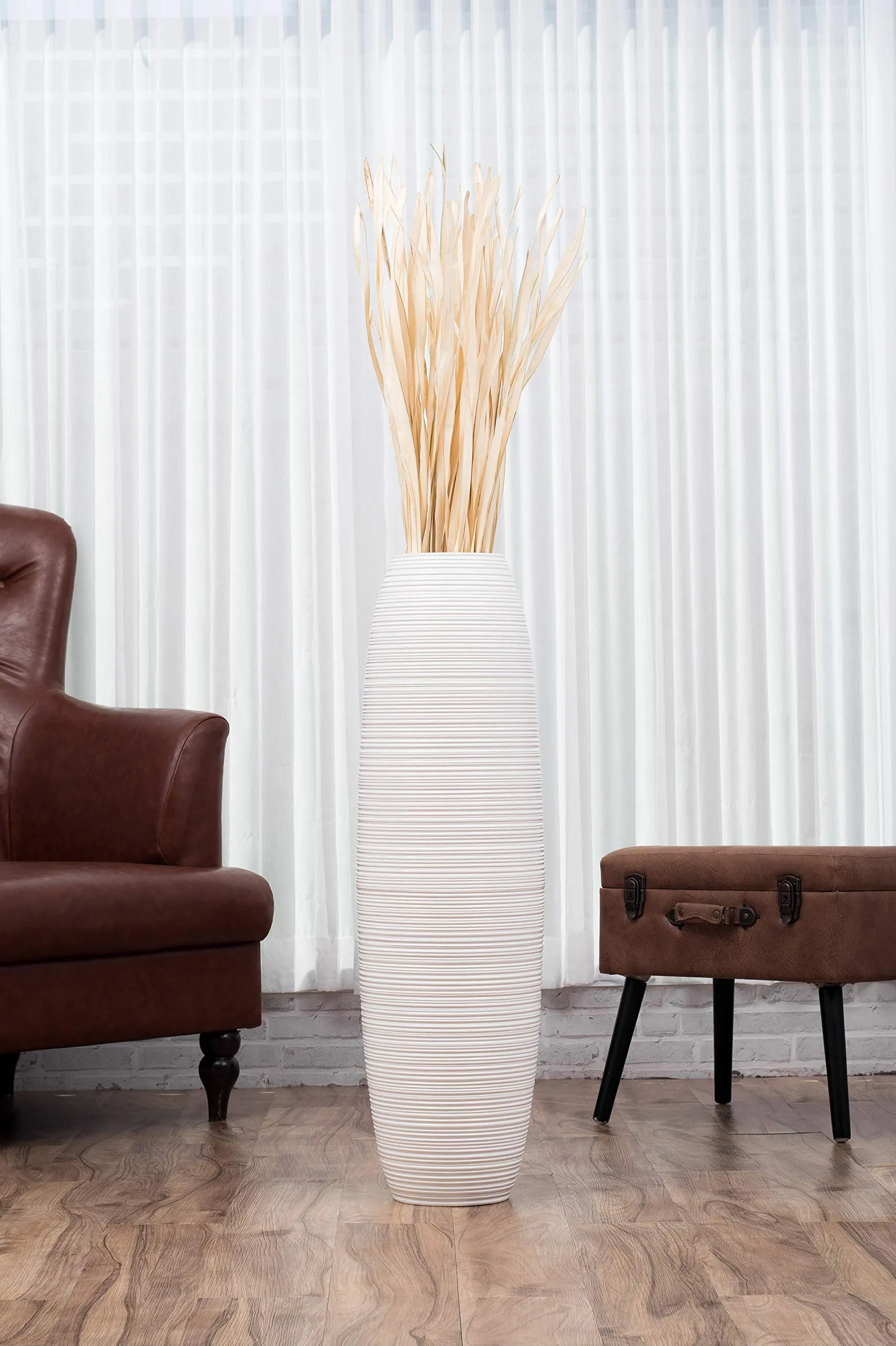 Leewadee Tall Big Floor Standing Vase for Home Decor, 10x36 inches, Wood, White