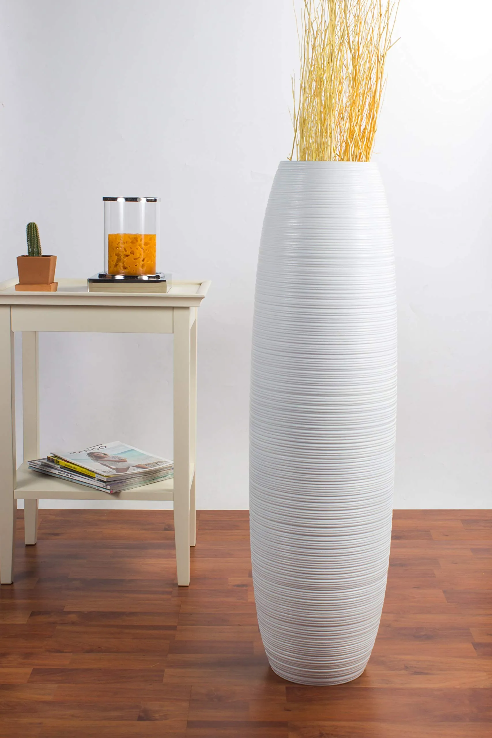 Leewadee Tall Big Floor Standing Vase for Home Decor, 10x36 inches, Wood, White