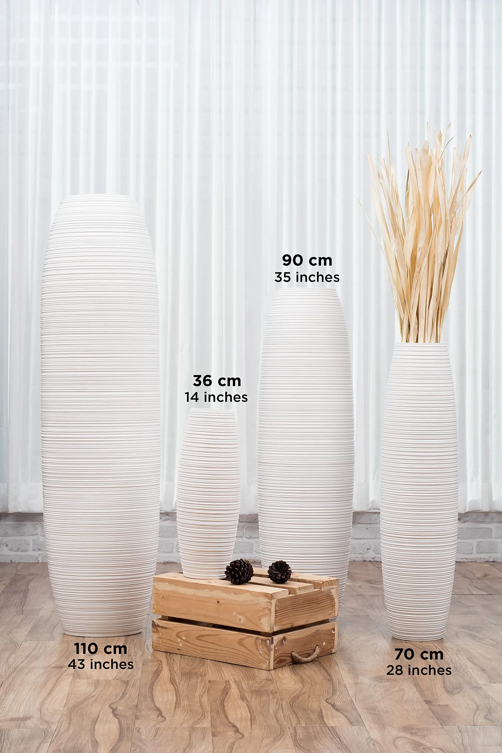 Leewadee Tall Big Floor Standing Vase for Home Decor, 10x36 inches, Wood, White